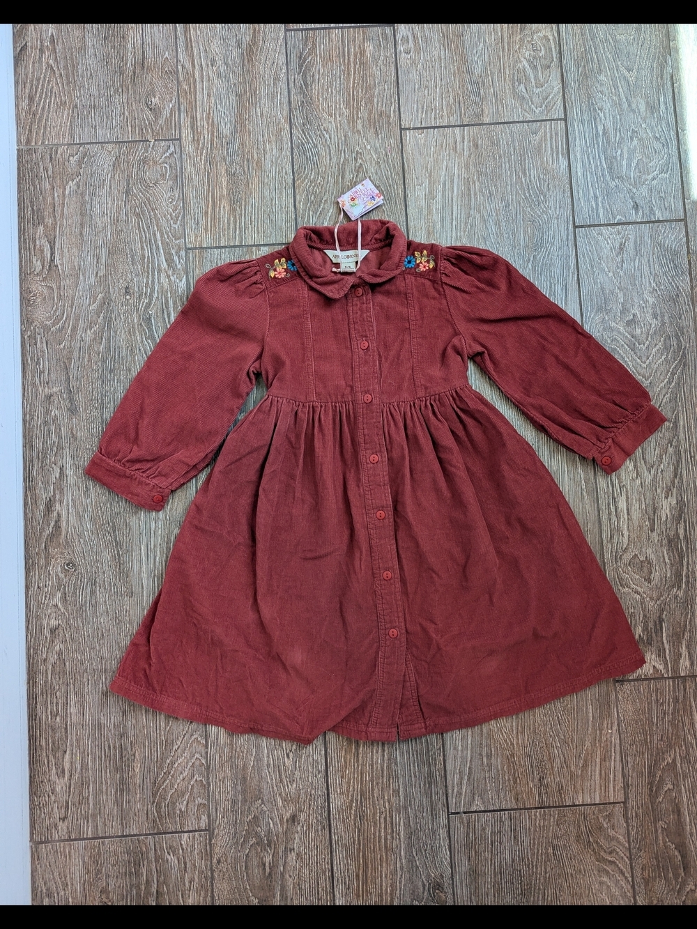 April Cornell Girls Cranberry Corduroy Dress Embroidered 5-6 NWT Puff Sleeve